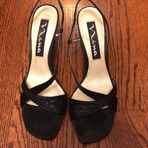 Nina Black Fabric Sandals with Black Crystals 9.5